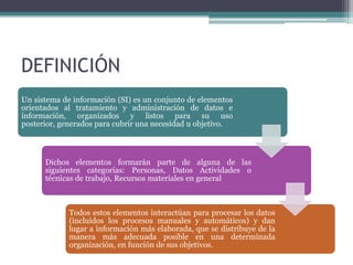 DEFINICIÓN
Un sistema de información (SI) es un conjunto de elementos
orientados al tratamiento y administración de datos e
información, organizados y listos para su uso
posterior, generados para cubrir una necesidad u objetivo.



      Dichos elementos formarán parte de alguna de las
      siguientes categorías: Personas, Datos Actividades o
      técnicas de trabajo, Recursos materiales en general



             Todos estos elementos interactúan para procesar los datos
             (incluidos los procesos manuales y automáticos) y dan
             lugar a información más elaborada, que se distribuye de la
             manera más adecuada posible en una determinada
             organización, en función de sus objetivos.
 