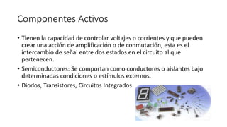 Componentes Activos
• Tienen la capacidad de controlar voltajes o corrientes y que pueden
crear una acción de amplificación o de conmutación, esta es el
intercambio de señal entre dos estados en el circuito al que
pertenecen.
• Semiconductores: Se comportan como conductores o aislantes bajo
determinadas condiciones o estímulos externos.
• Diodos, Transistores, Circuitos Integrados
 