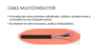 CABLE MULTICONDUCTOR
• Formados por varios alambres individuales, solidos o aislados entre si
y envueltos en una chaqueta común.
• Se emplean en comunicaciones, audio y computadoras
 