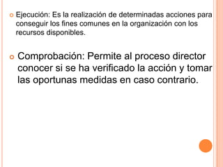   Ejecución: Es la realización de determinadas acciones para
    conseguir los fines comunes en la organización con los
    recursos disponibles.


   Comprobación: Permite al proceso director
    conocer si se ha verificado la acción y tomar
    las oportunas medidas en caso contrario.
 
