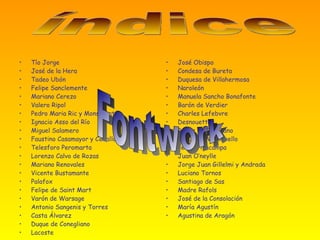 Tío Jorge José de la Hera Tadeo Ubón Felipe Sanclemente Mariano Cerezo Valero Ripol Pedro Maria Ric y Monserrat Ignacio Asso del Río Miguel Salamero  Faustino Casamayor y Ceballos Telesforo Peromarta Lorenzo Calvo de Rozas Mariano Renovales Vicente Bustamante Palafox Felipe de Saint Mart Varón de Warsage Antonio Sangenis y Torres Casta Álvarez Duque de Conegliano Lacoste José Obispo Condesa de Bureta Duquesa de Villahermosa Naroleón Manuela Sancho Bonafonte Barón de Verdier Charles Lefebvre Desnouettes Duque de Congliano Duque de Montevello Pedro Villacampa Juan O’neylle Jorge Juan Gillelmi y Andrada Luciano Tornos Santiago de Sas Madre Rafols José de la Consolación María Agustín Agustina de Aragón índice Fontwork  