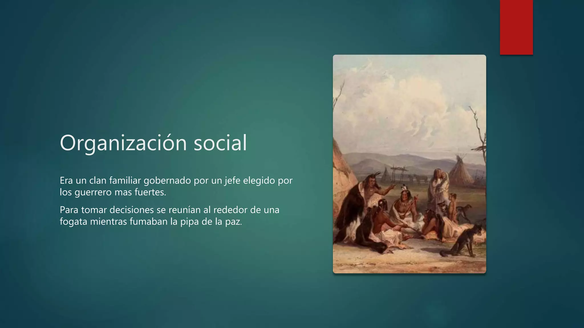 Organización social
Era un clan familiar gobernado por un jefe elegido por
los guerrero mas fuertes.
Para tomar decisiones se reunían al rededor de una
fogata mientras fumaban la pipa de la paz.