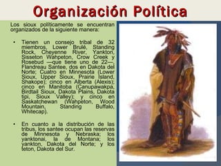 Organización Política Los sioux políticamente se encuentran organizados de la siguiente manera:  Tienen un consejo tribal de 32 miembros, Lower Brulé, Standing Rock, Cheyenne River, Yankton, Sisseton Wahpeton, Crow Creek y Rosebud —que tiene uno de 22—, Flandreau Santee, dos en Dakota del Norte; Cuatro en Minnesota (Lower Sioux, Upper Sioux, Prairie Island, Shakope); cinco en Alberta (Alexis); cinco en Manitoba (Canupawakpa, Birdtail Sioux, Dakota Plains, Dakota tipi, Sioux Valley); y cinco en Saskatchewan (Wahpeton, Wood Mountain, Standing Buffalo, Whitecap). En cuanto a la distribución de las tribus, los santee ocupan las reservas de Minnesota y Nebraska; los yanktonai, la de Montana; los yankton, Dakota del Norte; y los teton, Dakota del Sur. 