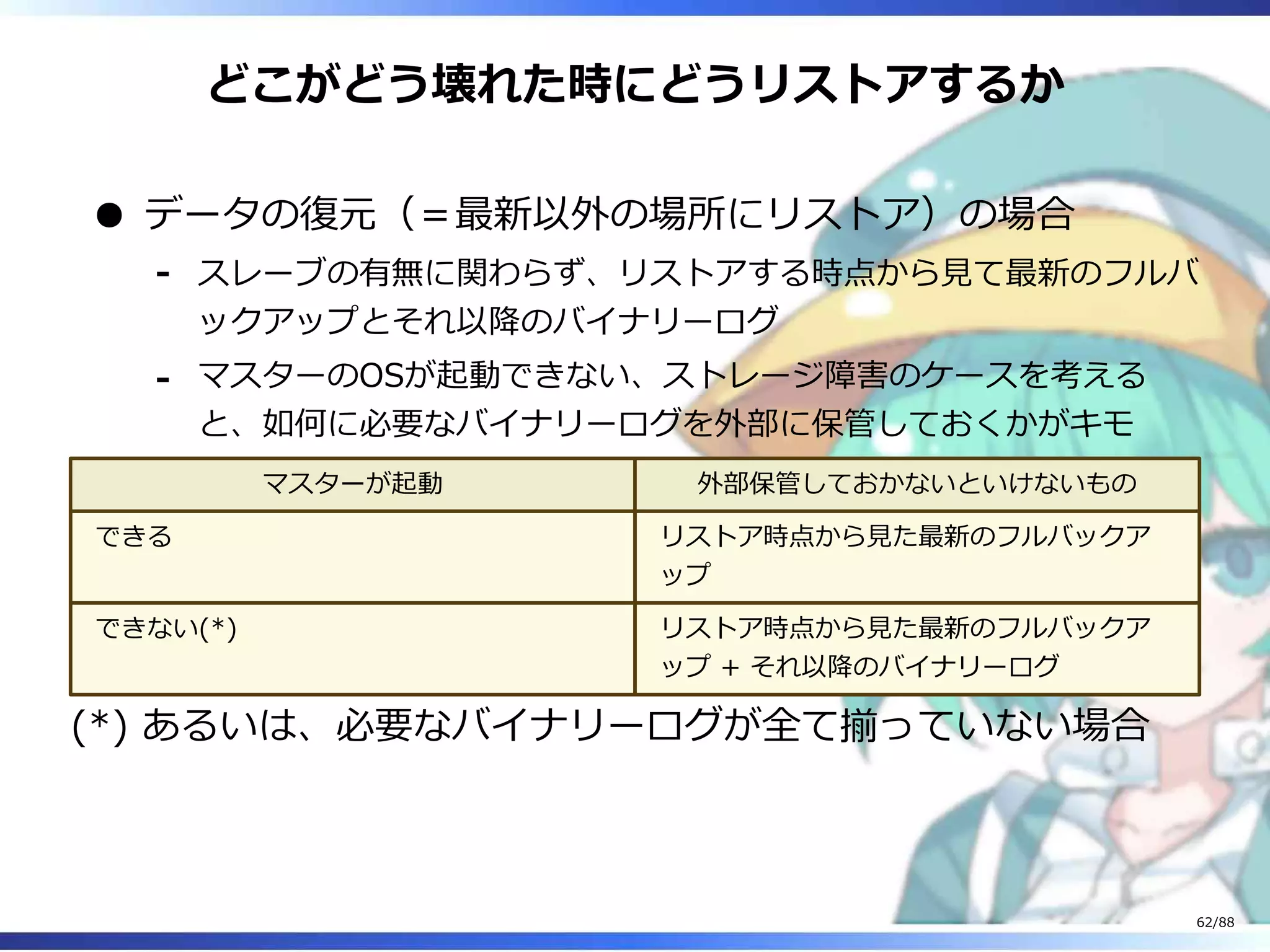 どこがどう壊れた時にどうリストアするか
データの復元（＝最新以外の場所にリストア）の場合
スレーブの有無に関わらず、リストアする時点から見て最新のフルバ
ックアップとそれ以降のバイナリーログ
‐
マスターのOSが起動できない、ストレージ障害のケースを考える
と、如何に必要なバイナリーログを外部に保管しておくかがキモ
‐
マスターが起動 外部保管しておかないといけないもの
できる リストア時点から見た最新のフルバックア
ップ
できない(*) リストア時点から見た最新のフルバックア
ップ + それ以降のバイナリーログ
(*) あるいは、必要なバイナリーログが全て揃っていない場合
62/88
 