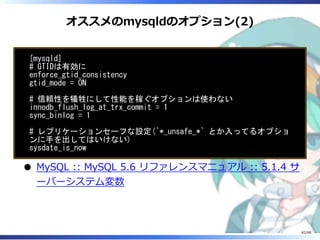 オススメのmysqldのオプション(2)
[mysqld]
# GTIDは有効に
enforce_gtid_consistency
gtid_mode = ON
# 信頼性を犠牲にして性能を稼ぐオプションは使わない
innodb_flush_log_at_trx_commit = 1
sync_binlog = 1
# レプリケーションセーフな設定(`*_unsafe_*` とか入ってるオプショ
ンに手を出してはいけない)
sysdate_is_now
MySQL :: MySQL 5.6 リファレンスマニュアル :: 5.1.4 サ
ーバーシステム変数
82/88
 