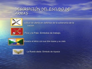DESCRIPCIÓN DEL ESCUDO DEDESCRIPCIÓN DEL ESCUDO DE
ARMASARMAS
La Rueda alada: Símbolo de riquezaLa Rueda alada: Símbolo de riqueza
Pica y la Pala: Símbolos de trabajoPica y la Pala: Símbolos de trabajo..
AActitud de alerta en defensa de la soberanía de lactitud de alerta en defensa de la soberanía de la
nación.nación.
Muestra al istmo con sus dos mares y su cieloMuestra al istmo con sus dos mares y su cielo
 