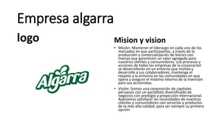 Empresa algarra
logo Mision y vision
• Misión: Mantener el liderazgo en cada uno de los
mercados en que participamos, a través de la
producción y comercialización de bienes con
marcas que garanticen un valor agregado para
nuestros clientes y consumidores. Los procesos y
acciones de todas las empresas de la corporación
se desarrollarán en un entorno que motive y
desarrolle a sus colaboradores, mantenga el
respeto y la armonía en las comunidades en que
opera y asegure el máximo retorno de la inversión
para sus accionistas.
• Visión: Somos una corporación de capitales
peruanos con un portafolio diversificado de
negocios con prestigio y proyección internacional.
Aspiramos satisfacer las necesidades de nuestros
clientes y consumidores con servicios y productos
de la más alta calidad, para ser siempre su primera
opción.
 