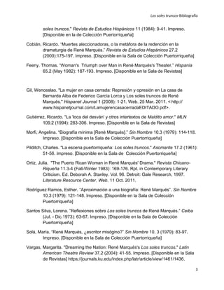Los soles truncos-Bibliografía


        soles truncos." Revista de Estudios Hispánicos 11 (1984): 9-41. Impreso.
        [Disponible en la de Colección Puertorriqueña]

Cobián, Ricardo. “Muertes aleccionadoras, o la metáfora de la redención en la
        dramaturgia de René Marqués.” Revista de Estudios Hispánicos 27.2
        (2000):175-197. Impreso. [Disponible en la Sala de Colección Puertorriqueña]

Feeny, Thomas. “Woman's Triumph over Man in René Marqués's Theater.” Hispania
        65.2 (May 1982): 187-193. Impreso. [Disponible en la Sala de Revistas]



Gil, Wenceslao. "La mujer en casa cerrada: Represión y opresión en La casa de
        Bernarda Alba de Federico García Lorca y Los soles truncos de René
        Marqués." Hispanet Journal 1 (2008): 1-21. Web. 25 Mar. 2011. < http://
        www.hispanetjournal.com/LamujerencasacerradaEDITADO.pdf>.

Gutiérrez, Ricardo. "La 'loca del desván' y otros intertextos de Maldito amor." MLN
        109.2 (1994): 283-306. Impreso. [Disponible en la Sala de Revistas]

Morfi, Angelina. “Biografía mínima [René Marqués].” Sin Nombre 10.3 (1979): 114-118.
         Impreso. [Disponible en la Sala de Colección Puertorriqueña]

Pilditch, Charles. "La escena puertorriqueña: Los soles truncos." Asomante 17.2 (1961):
          51-56. Impreso. [Disponible en la Sala de Colección Puertorriqueña]

Ortiz, Julia. "The Puerto Rican Woman in René Marqués' Drama." Revista Chicano-
         Riqueña 11.3-4 (Fall-Winter 1983): 169-176. Rpt. in Contemporary Literary
         Criticism. Ed. Deborah A. Stanley. Vol. 96. Detroit: Gale Research, 1997.
         Literature Resource Center. Web. 11 Oct. 2011.

Rodríguez Ramos, Esther. “Aproximación a una biografía: René Marqués”. Sin Nombre
       10.3 (1979): 121-148. Impreso. [Disponible en la Sala de Colección
       Puertorriqueña]

Santos Silva, Lorena. “Reflexiones sobre Los soles truncos de René Marqués.” Ceiba
        (Jul. - Dic.1973): 63-67. Impreso. [Disponible en la Sala de Colección
        Puertorriqueña]

Solá, María. “René Marqués, ¿escritor misógino?” Sin Nombre 10. 3 (1979): 83-97.
        Impreso. [Disponible en la Sala de Colección Puertorriqueña]

Vargas, Margarita. "Dreaming the Nation: René Marqués's Los soles truncos." Latin
        American Theatre Review 37.2 (2004): 41-55. Impreso. [Disponible en la Sala
        de Revistas] https://journals.ku.edu/index.php/latr/article/view/1461/1436.

                                                                                            3
 