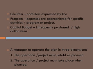  Line item – each item expressed by line
 Program – expenses are appropriated for specific
activities / program or project.
 Capital Budget – infrequently purchased / high
dollar items
A BUDGET REQUIRES …..
 A manager to operate the plan in three dimensions:
1. The operation /project must unfold as planned.
2. The operation / project must take place when
planned.
 