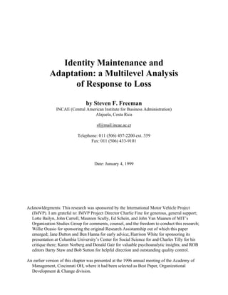 Identity Maintenance and
            Adaptation: a Multilevel Analysis
                  of Response to Loss

                                by Steven F. Freeman
                INCAE (Central American Institute for Business Administration)
                                   Alajuela, Costa Rica

                                      sf@mail.incae.ac.cr

                            Telephone: 011 (506) 437-2200 ext. 359
                                   Fax: 011 (506) 433-9101




                                     Date: January 4, 1999




Acknowldegments: This research was sponsored by the International Motor Vehicle Project
  (IMVP). I am grateful to: IMVP Project Director Charlie Fine for generous, general support;
  Lotte Bailyn, John Carroll, Maureen Scully, Ed Schein, and John Van Maanen of MIT’s
  Organization Studies Group for comments, counsel, and the freedom to conduct this research;
  Willie Ocasio for sponsoring the original Research Assistantship out of which this paper
  emerged; Jane Dutton and Ben Hanna for early advice; Harrison White for sponsoring its
  presentation at Columbia University’s Center for Social Science for and Charles Tilly for his
  critique there; Karen Norberg and Donald Gair for valuable psychoanalytic insights; and ROB
  editors Barry Staw and Bob Sutton for helpful direction and outstanding quality control.

An earlier version of this chapter was presented at the 1996 annual meeting of the Academy of
  Management, Cincinnati OH, where it had been selected as Best Paper, Organizational
  Development & Change division.