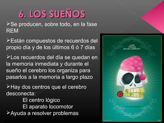  
6. LOS SUEÑOS6. LOS SUEÑOS
Se producen, sobre todo, en la fase 
REM
Están compuestos de recuerdos del 
propio día y de los últimos 6 ó 7 días
Los recuerdos del día se quedan en 
la memoria inmediata y durante el 
sueño el cerebro los organiza para 
pasarlos a la memoria a largo plazo
Hay dos centros que el cerebro 
desconecta:
El centro lógico
El aparato locomotor
Ayuda a resolver problemas
 