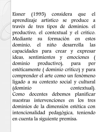Eisner (1995) considera que el
aprendizaje artístico se produce a
través de tres tipos de dominios: el
productivo, el contextual y el crítico.
Mediante su formación en estos
dominio, el niño desarrolla las
capacidades para crear y expresar
ideas, sentimientos y emociones (
dominio productivo), para per
estéticamente ( dominio crítico) y para
comprender el arte como un fenómeno
ligado a su contexto social y cultural
(dominio contextual).
Como docentes debemos planificar
nuestras intervenciones en los tres
dominios de la dimensión estética con
intencionalidad pedagógica, teniendo
en cuenta la siguiente premisa:
 