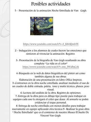 Posibles actividades
1- Presentación de la animación Noche Estrellada de Van Gogh.
https://www.youtube.com/watch?v=3_K8vKJmhTE
2 – Indagación a los alumnos de cuales fueron las emociones que
sintieron al vivenciar la animación. Registro.
3- Presentación de la biografía de Van Gogh resaltando su obra
completa “ La vida en el color”
https://www.youtube.com/watch?v=mn_IWaBxCok
4-Búsqueda en la web de datos biográficos del pintor así como
también alguna de sus obras.
Elaboración de una presentación en Libre Office Impress.
5-Centrarnos en la obra noche estrellada: analizar mediante el uso de
un cuadro de doble entrada: paleta, tono y matiz técnica, planos, peso
visual.
6-Lectura del análisis de la obra. Registro de opiniones.
7-Entrega de la obra pero en dibujo tipo puzzle para trabajar en
equipos cada uno le otorgará el color que desee .Al armarlo se podrá
evidenciar el toque personal.
8. Entrega de noche estrellada con menos detalles para trabajar
nuevamente en equipo aplicando otra técnica.9- Realizar la gran obra
“ Noche Estrellada” que es el comienzo de nuestro Museo El Sueño De
Vincent Van Gogh.
 