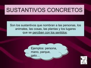 SUSTANTIVOS CONCRETOS Ejemplos: persona, mano, parque, gato… Son los sustantivos que nombran a las personas, los animales, las cosas, las plantas y los lugares que se  perciben con los sentidos .  