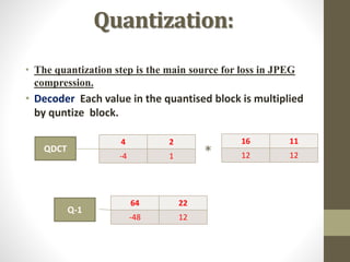 Quantization:
• The quantization step is the main source for loss in JPEG
compression.
• Decoder: Each value in the quantised block is multiplied
by quntize block.
4 2
-4 1
QDCT
16 11
12 12*
64 22
-48 12
Q-1
 