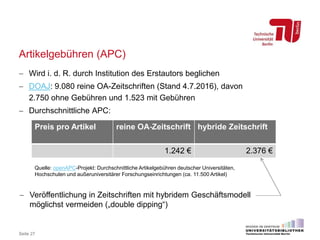 Artikelgebühren (APC)
 Wird i. d. R. durch Institution des Erstautors beglichen
 DOAJ: 9.080 reine OA-Zeitschriften (Stand 4.7.2016), davon
2.750 ohne Gebühren und 1.523 mit Gebühren
 Durchschnittliche APC:
Seite 27
Preis pro Artikel reine OA-Zeitschrift hybride Zeitschrift
1.242 € 2.376 €
Quelle: openAPC-Projekt: Durchschnittliche Artikelgebühren deutscher Universitäten,
Hochschulen und außeruniversitärer Forschungseinrichtungen (ca. 11.500 Artikel)
 Veröffentlichung in Zeitschriften mit hybridem Geschäftsmodell
möglichst vermeiden („double dipping“)
 