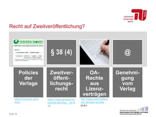 Recht auf Zweitveröffentlichung?
Policies
der
Verlage
Zweitver-
öffent-
lichungs-
recht
OA-
Rechte
aus
Lizenz-
verträgen
Genehmi-
gung
vom
Verlag
Seite 34
www.sherpa.ac.uk/ro
meo/
https://www.gesetze-im-
internet.de/urhg/__38.ht
ml
http://www.nationallizen
zen.de/open-access
(u.a.)
 