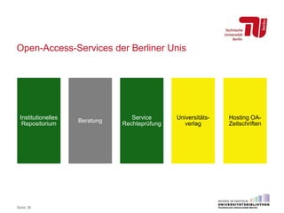 Open-Access-Services der Berliner Unis
Seite 38
Institutionelles
Repositorium
Service
Rechteprüfung
Beratung
Hosting OA-
Zeitschriften
Universitäts-
verlag
 