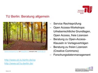 TU Berlin: Beratung allgemein
 Service Rechteprüfung
 Open Access-Workshops:
Urheberrechtliche Grundlagen,
Open Access, ...