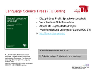 Language Science Press (FU Berlin)
 Disziplinäres Profil: Sprachwissenschaft
 Verschiedene Schriftenreihen
 Aktuell DFG-gefördertes Projekt
 Veröffentlichung unter freier Lizenz (CC BY)
 http://langsci-press.org
N.J. Enfield. 2015. Natural causes of
language: Frames, biases, and cultural
transmission (Conceptual Foundations of
Language Science 1). Berlin: Language
Science Press
ISBN 978-3-944675-72-5 (print, hardcover)
ISBN 978-3-944675-50-3 (online)
36 Bücher erschienen seit 2015
11 Schriftenreihen, 6 Weitere in Vorbereitung
 