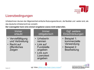 Lizenzbedingungen
UrheberInnen räumen der Allgemeinheit einfache Nutzungsrechte ein, die flexibler und weiter sind, als
das deutsche Urheberrecht sie vorsieht.
Der Lizenzgeber kann eine einmal vergebene Lizenz nicht widerrufen.
Seite 81
Immer
erlaubt
• Vervielfältigung
und Verbreitung
• Recht auf
öffentliches
Zeigen
Immer
obligatorisch
• UrheberIn
nennen
• Link auf
Fundstelle
angeben
• Link zum
Lizenztext
angeben
Ggf. weitere
Einschränkungen
• Beispiel 1:
kommerzielle
Verwendung
• Beispiel 2:
Bearbeitung
vgl. Video „Bilder unter freier Lizenz nutzen“
 