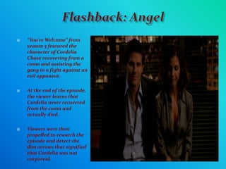    Dim ArrowsDim Arrows are the opposite Of Flashing Arrows which author Steven Johnson refers to as narrative signpost which are planted conveniently to help the audience keep track of what’s going on. On Lost, dim arrows are the subtle clues that usually can be retrievable in re-watching an episode.Active viewers are able to locate the dim arrows within the episodes.