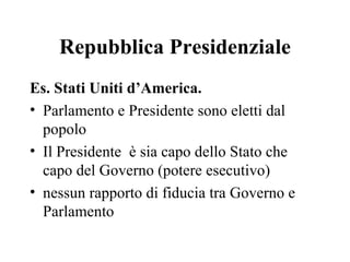 Repubblica Presidenziale
Es. Stati Uniti d’America.
• Parlamento e Presidente sono eletti dal
  popolo
• Il Presidente è sia capo dello Stato che
  capo del Governo (potere esecutivo)
• nessun rapporto di fiducia tra Governo e
  Parlamento
 