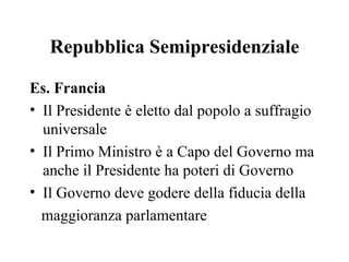 Repubblica Semipresidenziale

Es. Francia
• Il Presidente è eletto dal popolo a suffragio
  universale
• Il Primo Ministro è a Capo del Governo ma
  anche il Presidente ha poteri di Governo
• Il Governo deve godere della fiducia della
  maggioranza parlamentare
 