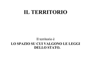 IL TERRITORIO
Il territorio è
LO SPAZIO SU CUI VALGONO LE LEGGI
DELLO STATO.
 