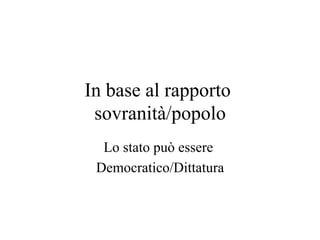 In base al rapporto
sovranità/popolo
Lo stato può essere
Democratico/Dittatura
 