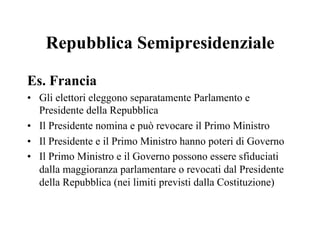 Repubblica Semipresidenziale
Es. Francia
•  Gli elettori eleggono separatamente Parlamento e
Presidente della Repubblica
•  Il Presidente nomina e può revocare il Primo Ministro
•  Il Presidente e il Primo Ministro hanno poteri di Governo
•  Il Primo Ministro e il Governo possono essere sfiduciati
dalla maggioranza parlamentare o revocati dal Presidente
della Repubblica (nei limiti previsti dalla Costituzione)
 