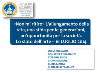 «Non mi ritiro» L’allungamento della 
vita, una sfida per le generazioni, 
un’opportunità per la società. 
Lo stato dell’arte – 16 LUGLIO 2014 
LUCIA BOCCACIN 
DONATELLA BRAMANTI 
STEFANIA MEDA 
GIOVANNA ROSSI 
ELENA MARTA 
GIANCARLO TAMANZA 
 