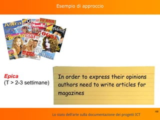Lo stato dell'arte sulla documentazione dei progetti ICT
Esempio di approccio
100
Epica
(T > 2-3 settimane)
 