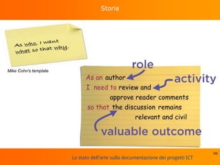 Lo stato dell'arte sulla documentazione dei progetti ICT
Storia
102
Mike Cohn's template
 
