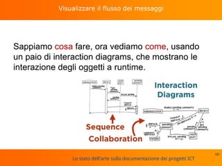 Lo stato dell'arte sulla documentazione dei progetti ICT
Visualizzare il flusso dei messaggi
Sappiamo cosa fare, ora vediamo come, usando
un paio di interaction diagrams, che mostrano le
interazione degli oggetti a runtime.
121
 