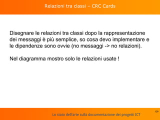 Lo stato dell'arte sulla documentazione dei progetti ICT
Relazioni tra classi – CRC Cards
Disegnare le relazioni tra classi dopo la rappresentazione
dei messaggi è più semplice, so cosa devo implementare e
le dipendenze sono ovvie (no messaggi -> no relazioni).
Nel diagramma mostro solo le relazioni usate !
129
 