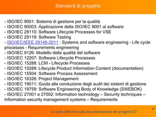 Lo stato dell'arte sulla documentazione dei progetti ICT
Standard di progetto
- ISO/IEC 9001: Sistema di gestione per la qualità
- ISO/IEC 90003: Applicazione della ISO/IEC 9001 al software
- ISO/IEC 29110: Software Lifecycle Processes for VSE
- ISO/IEC 29119: Software Testing
- ISO/IEC/IEEE 29148-2011 : Systems and software engineering - Life cycle
processes - Requirements engineering
- ISO/IEC 9126: Modello della qualità del software
- ISO/IEC 12207: Software Lifecycle Processes
- ISO/IEC 15288: LCM - Lifecycle Processes
- ISO/IEC 15289: Lifecycle Product Information Content (documentation)
- ISO/IEC 15504: Software Process Assessment
- ISO/IEC 16326: Project Management
- ISO/IEC 19011: Guida alla conduzione degli audit dei sistemi di gestione
- ISO/IEC 19759: Software Engineering Body of Knowledge (SWEBOK)
- ISO/IEC 27001 e 27002: Information technology – Security techniques –
Information security management systems – Requirements
21
 