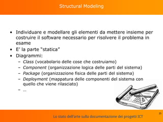 Lo stato dell'arte sulla documentazione dei progetti ICT
Structural Modeling
• Individuare e modellare gli elementi da mettere insieme per
costruire il software necessario per risolvere il problema in
esame
• E’ la parte “statica”
• Diagrammi:
– Class (vocabolario delle cose che costruiamo)
– Component (organizzazione logica delle parti del sistema)
– Package (organizzazione fisica delle parti del sistema)
– Deployment (mappatura delle componenti del sistema con
quello che viene rilasciato)
– …
25
 