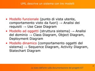 Lo stato dell'arte sulla documentazione dei progetti ICT
UML descrive un sistema con tre modelli
• Modello funzionale (punto di vista utente,
comportamento visto da fuori) → Analisi dei
requisiti → Use Case Diagram
• Modello ad oggetti (struttura sistema) → Analisi
del dominio → Class Diagram, Object Diagram,
Deployment Diagram
• Modello dinamico (comportamento oggetti del
sistema) → Sequence Diagram, Activity Diagram,
Statechart Diagram
27
 