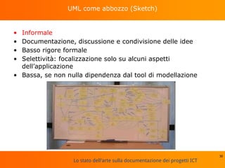 Lo stato dell'arte sulla documentazione dei progetti ICT
UML come abbozzo (Sketch)
• Informale
• Documentazione, discussione e condivisione delle idee
• Basso rigore formale
• Selettività: focalizzazione solo su alcuni aspetti
dell’applicazione
• Bassa, se non nulla dipendenza dal tool di modellazione
30
 