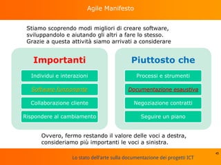 Lo stato dell'arte sulla documentazione dei progetti ICT
Agile Manifesto
45
Importanti
Individui e interazioni
Software funzionante
Collaborazione cliente
Rispondere al cambiamento
Piuttosto che
Processi e strumenti
Documentazione esaustiva
Negoziazione contratti
Seguire un piano
Stiamo scoprendo modi migliori di creare software,
sviluppandolo e aiutando gli altri a fare lo stesso.
Grazie a questa attività siamo arrivati a considerare
Ovvero, fermo restando il valore delle voci a destra,
consideriamo più importanti le voci a sinistra.
 