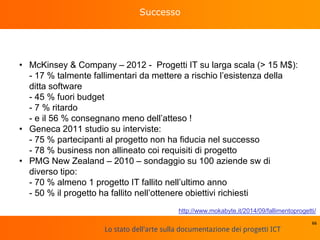 Lo stato dell'arte sulla documentazione dei progetti ICT
Successo
• McKinsey & Company – 2012 - Progetti IT su larga scala (> 15 M$):
- 17 % talmente fallimentari da mettere a rischio l’esistenza della
ditta software
- 45 % fuori budget
- 7 % ritardo
- e il 56 % consegnano meno dell’atteso !
• Geneca 2011 studio su interviste:
- 75 % partecipanti al progetto non ha fiducia nel successo
- 78 % business non allineato coi requisiti di progetto
• PMG New Zealand – 2010 – sondaggio su 100 aziende sw di
diverso tipo:
- 70 % almeno 1 progetto IT fallito nell’ultimo anno
- 50 % il progetto ha fallito nell’ottenere obiettivi richiesti
66
http://www.mokabyte.it/2014/09/fallimentoprogetti/
 