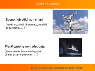 Lo stato dell'arte sulla documentazione dei progetti ICT
Cause insuccesso
Scopo / obiettivi non chiari
67
Pianificazione non adeguata
(roadmap, studi di mercato, modelli
di business, … )
(stime errate, team inadeguato,
vincoli esterni di fornitori … )
 