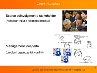 Lo stato dell'arte sulla documentazione dei progetti ICT
Cause insuccesso
Scarso coinvolgimento stakeholder
68
(necessari input e feedback continui)
Management inesperto
(problemi organizzativi, conflitti)
 