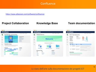 Lo stato dell'arte sulla documentazione dei progetti ICT
Confluence
https://www.atlassian.com/software/confluence
94
Project Collaboration Knowledge Base Team documentation
 