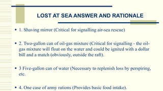 LOST AT SEA ANSWER AND RATIONALE
 1. Shaving mirror (Critical for signalling air-sea rescue)
 2. Two-gallon can of oil-gas mixture (Critical for signalling - the oil-
gas mixture will float on the water and could be ignited with a dollar
bill and a match (obviously, outside the raft).
 3 Five-gallon can of water (Necessary to replenish loss by perspiring,
etc.
 4. One case of army rations (Provides basic food intake).
 