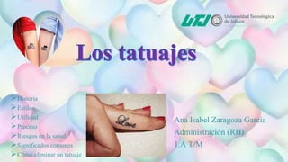 Ana Isabel Zaragoza García
Administración (RH)
1.A T/M
Historia
Estilos
Utilidad
Proceso
Riesgos en la salud
Significados comunes
Como eliminar un tatuaje
 