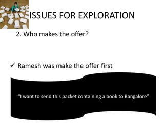 ISSUES FOR EXPLORATION
 2. Who makes the offer?



 Ramesh was make the offer first



  “I want to send this packet containing a book to Bangalore”
 