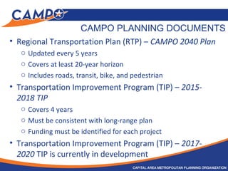 CAMPO PLANNING DOCUMENTS
• Regional Transportation Plan (RTP) – CAMPO 2040 Plan
o Updated every 5 years
o Covers at least 20-year horizon
o Includes roads, transit, bike, and pedestrian
• Transportation Improvement Program (TIP) – 2015-
2018 TIP
o Covers 4 years
o Must be consistent with long-range plan
o Funding must be identified for each project
• Transportation Improvement Program (TIP) – 2017-
2020 TIP is currently in development
 
