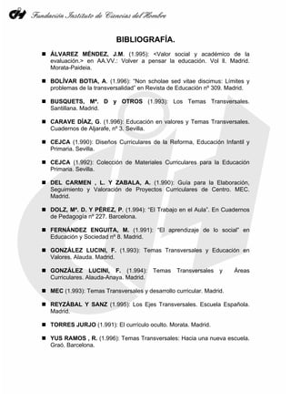 BIBLIOGRAFÍA.
ÁLVAREZ MÉNDEZ, J.M. (1.995): <Valor social y académico de la
evaluación.> en AA.VV.: Volver a pensar la educación. Vol ll. Madrid.
Morata-Paideia.

BOLÍVAR BOTIA, A. (1.996): “Non scholae sed vitae discimus: Límites y
problemas de la transversalidad” en Revista de Educación nº 309. Madrid.

BUSQUETS, Mª. D y OTROS (1.993): Los Temas Transversales.
Santillana. Madrid.

CARAVE DÍAZ, G. (1.996): Educación en valores y Temas Transversales.
Cuadernos de Aljarafe, nº 3. Sevilla.

CEJCA (1.990): Diseños Curriculares de la Reforma, Educación Infantil y
Primaria. Sevilla.

CEJCA (1.992): Colección de Materiales Curriculares para la Educación
Primaria. Sevilla.

DEL CARMEN , L. Y ZABALA, A. (1.990): Guía para la Elaboración,
Seguimiento y Valoración de Proyectos Curriculares de Centro. MEC.
Madrid.

DOLZ, Mª. D. Y PÉREZ, P. (1.994): “El Trabajo en el Aula”. En Cuadernos
de Pedagogía nº 227. Barcelona.

FERNÁNDEZ ENGUITA, M. (1.991): “El aprendizaje de lo social” en
Educación y Sociedad nº 8. Madrid.

GONZÁLEZ LUCINI, F. (1.993): Temas Transversales y Educación en
Valores. Alauda. Madrid.

GONZÁLEZ LUCINI, F. (1.994):          Temas    Transversales   y    Áreas
Curriculares. Alauda-Anaya. Madrid.

MEC (1.993): Temas Transversales y desarrollo curricular. Madrid.

REYZÁBAL Y SANZ (1.995): Los Ejes Transversales. Escuela Española.
Madrid.

TORRES JURJO (1.991): El currículo oculto. Morata. Madrid.

YUS RAMOS , R. (1.996): Temas Transversales: Hacia una nueva escuela.
Graó. Barcelona.
 